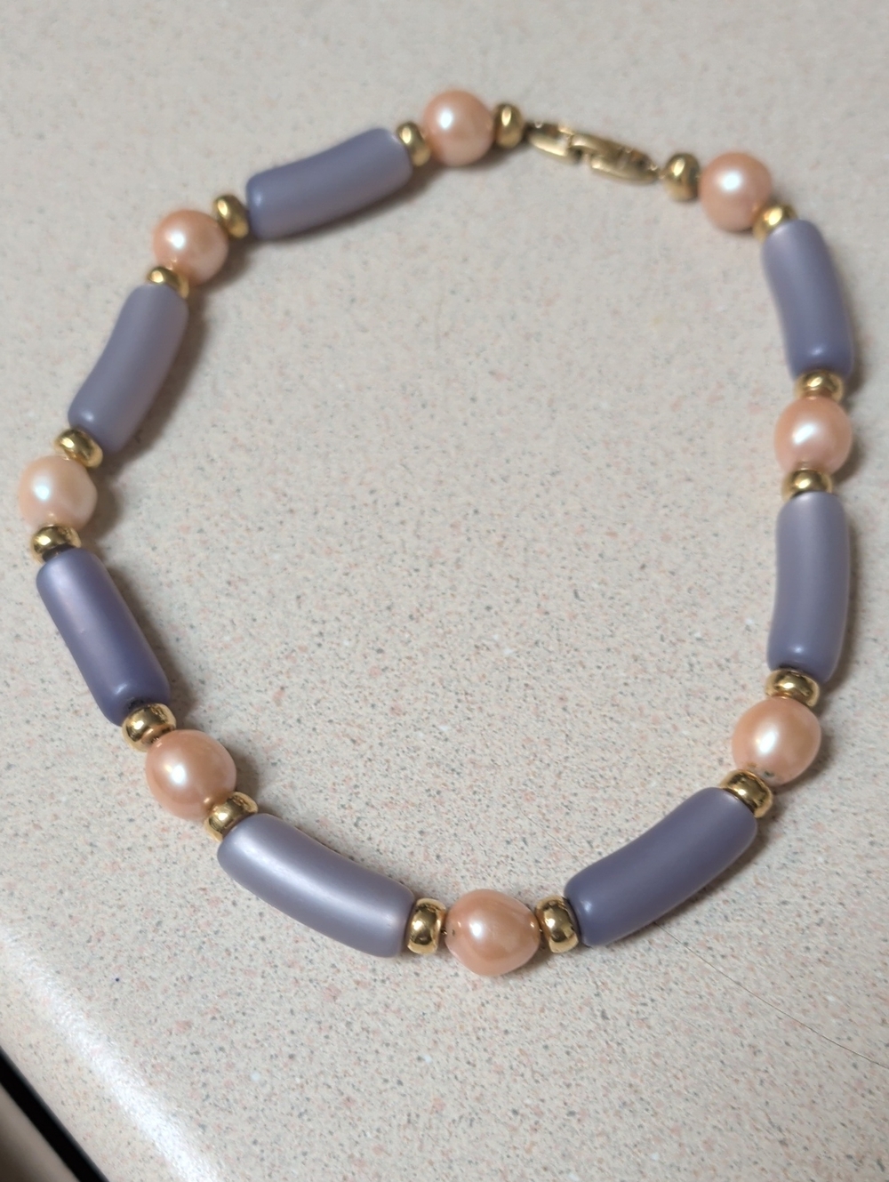 Vintage Signed Napier Purple Resin & Pink Mabe Faux-Pearl Collar Necklace